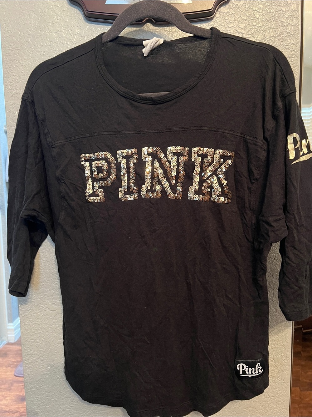 PINK Victoria's Secret Black Long Sleeve Tee with Sequin Logo